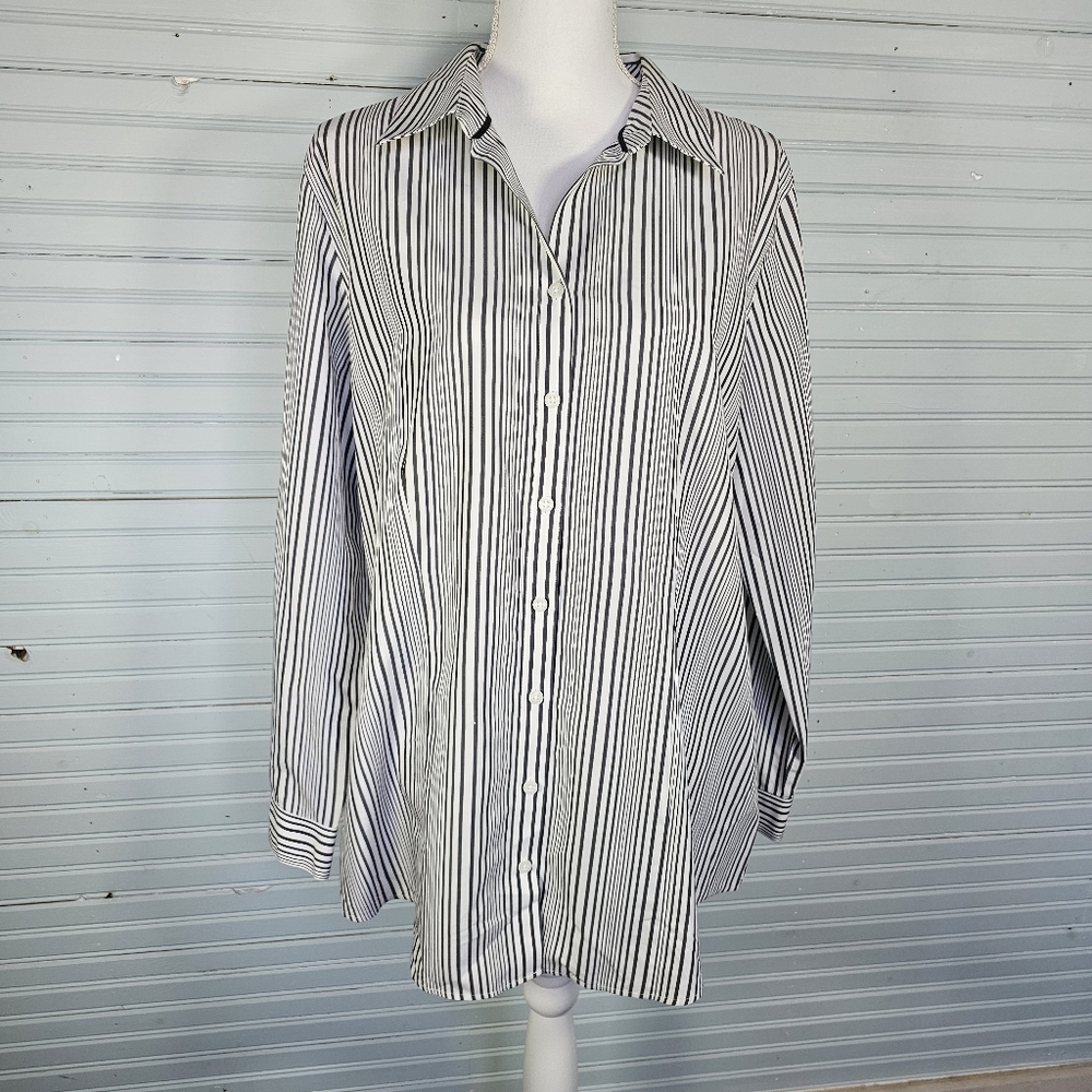 Chico's No Iron Dark Gray White Striped Button Down Shirt Women's Size 16 (3)